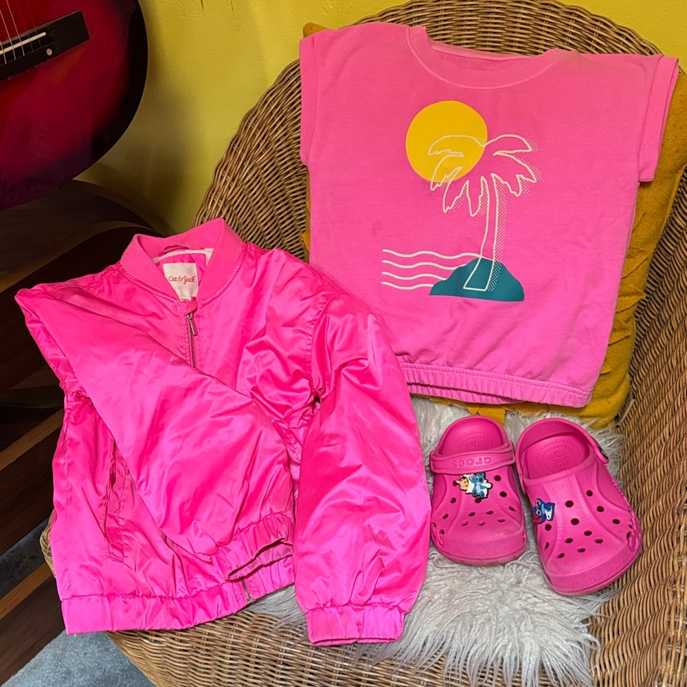 CROCS Pink Kids Sandals, Multi(shows, (Cat &J)jacket, (Cat & Jack)Top sz 6/7)